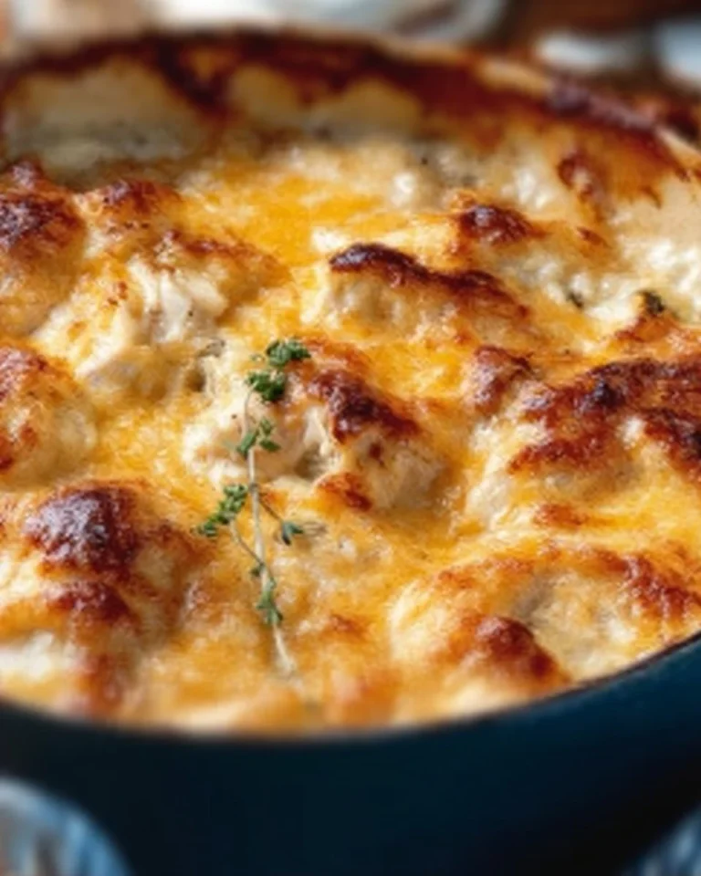 Delicious Million Dollar Chicken Casserole served in a baking dish