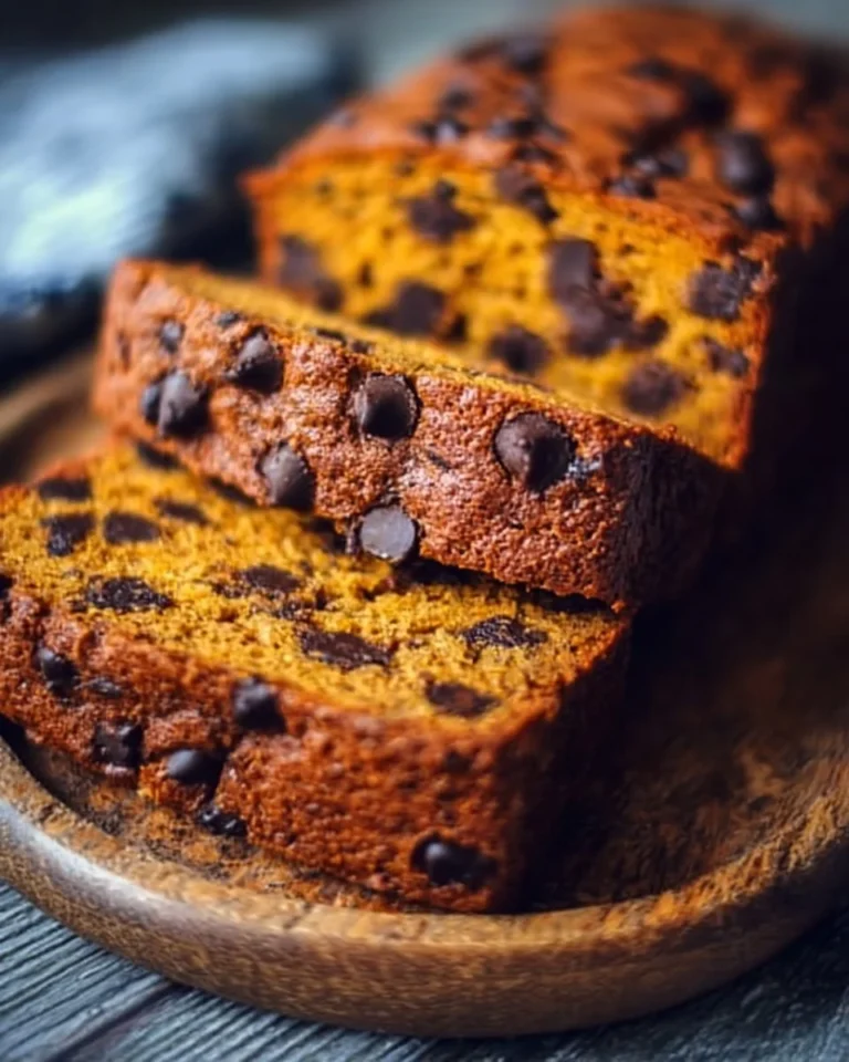 Mini Chocolate Chip Pumpkin Bread fresh out of the oven, topped with chocolate chips.