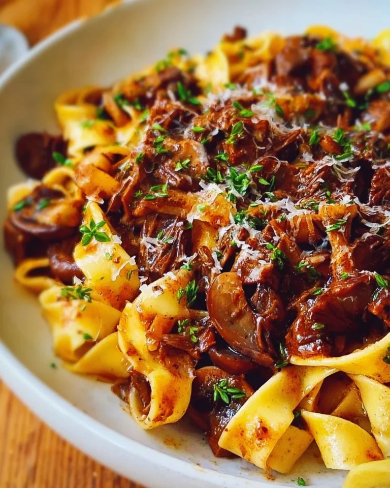Delicious Mushroom Ragu served over pasta in a bowl