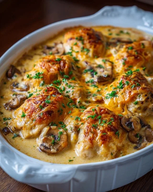 Delicious Neiman Marcus Chicken Casserole served in a baking dish