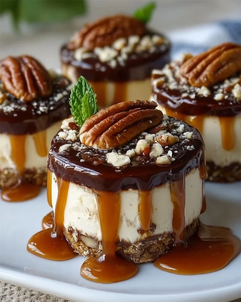 Delicious no bake turtle mini cheesecakes with caramel and chocolate topping