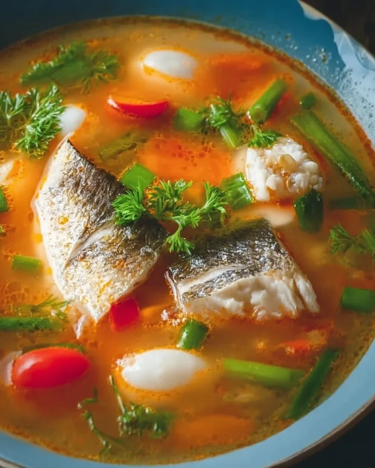 Bowl of nourishing fish soup with fresh vegetables and herbs