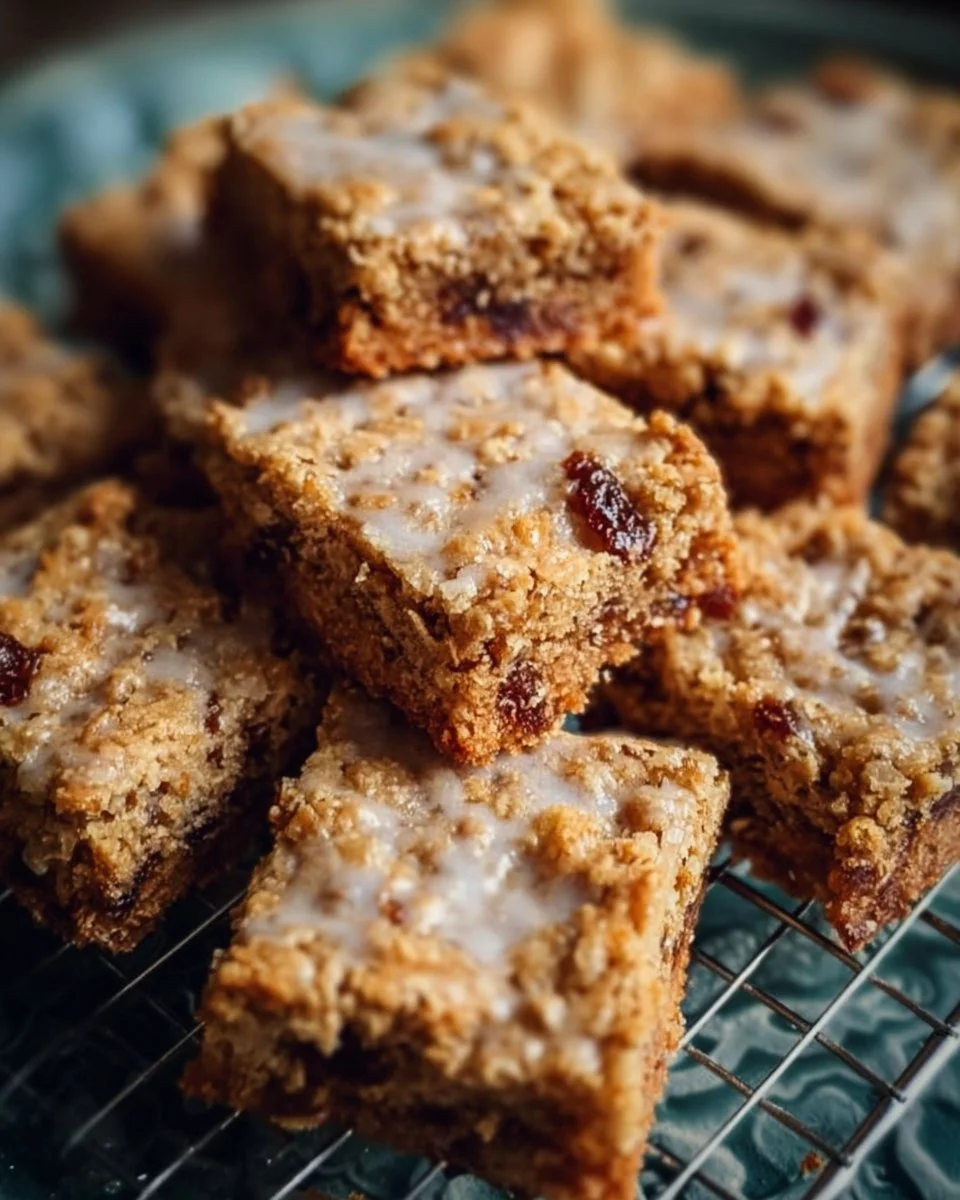 Delicious homemade oatmeal cookie bars on a wooden table