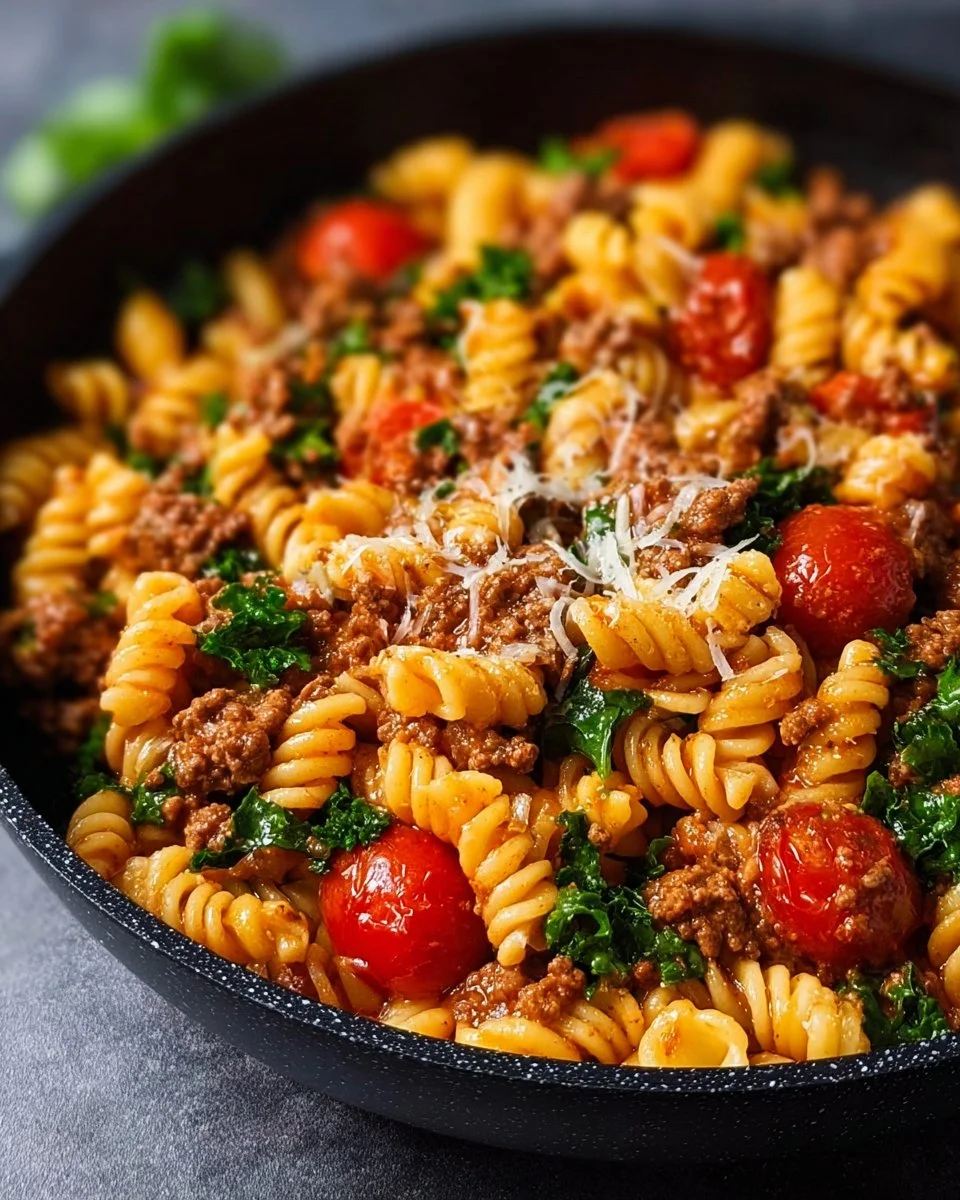 Healthy one pan ground beef pasta dish with fresh ingredients
