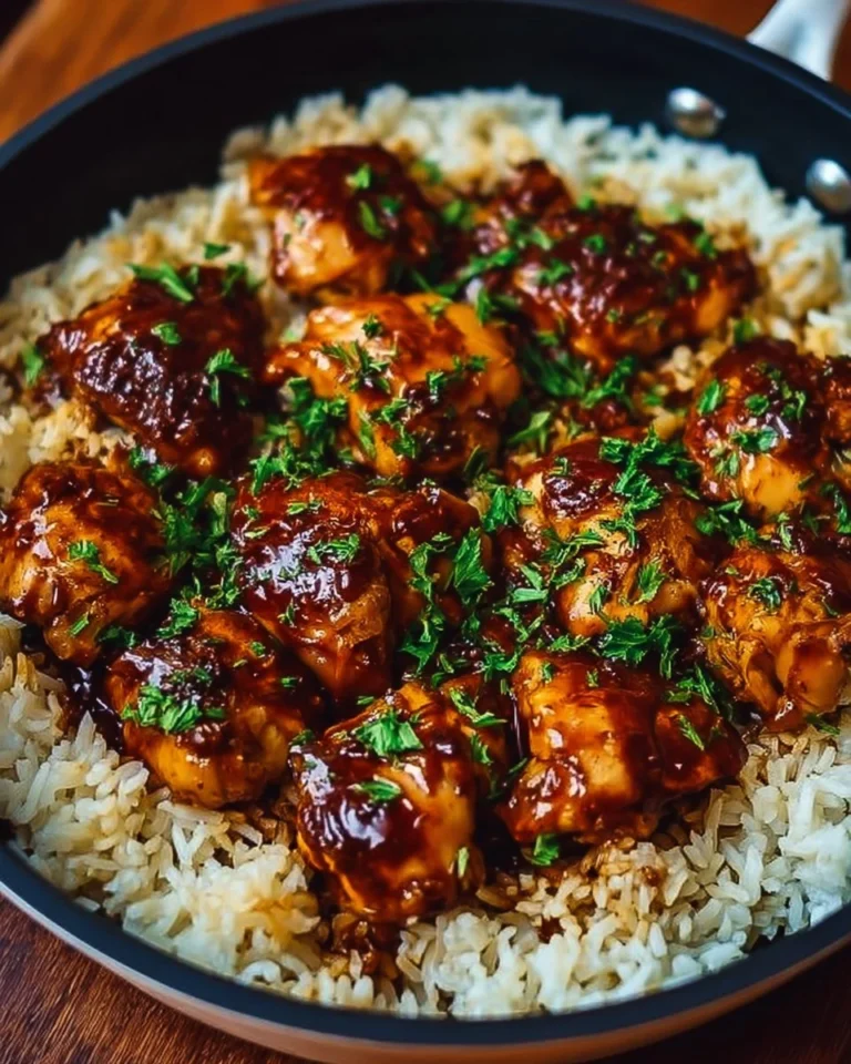 One-Pan Honey BBQ Chicken served with rice on a plate