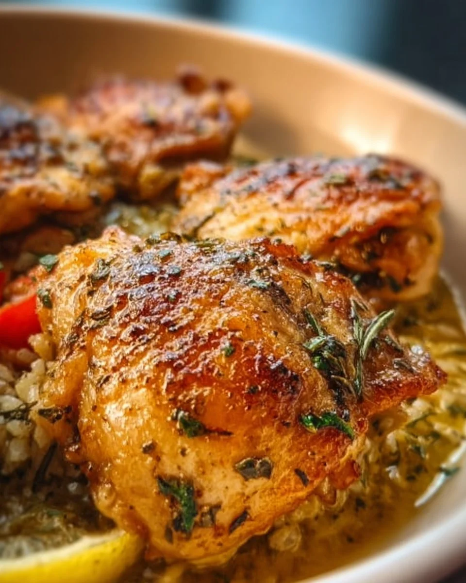 One Pot Garlic Butter Chicken Thighs served in a skillet with herbs