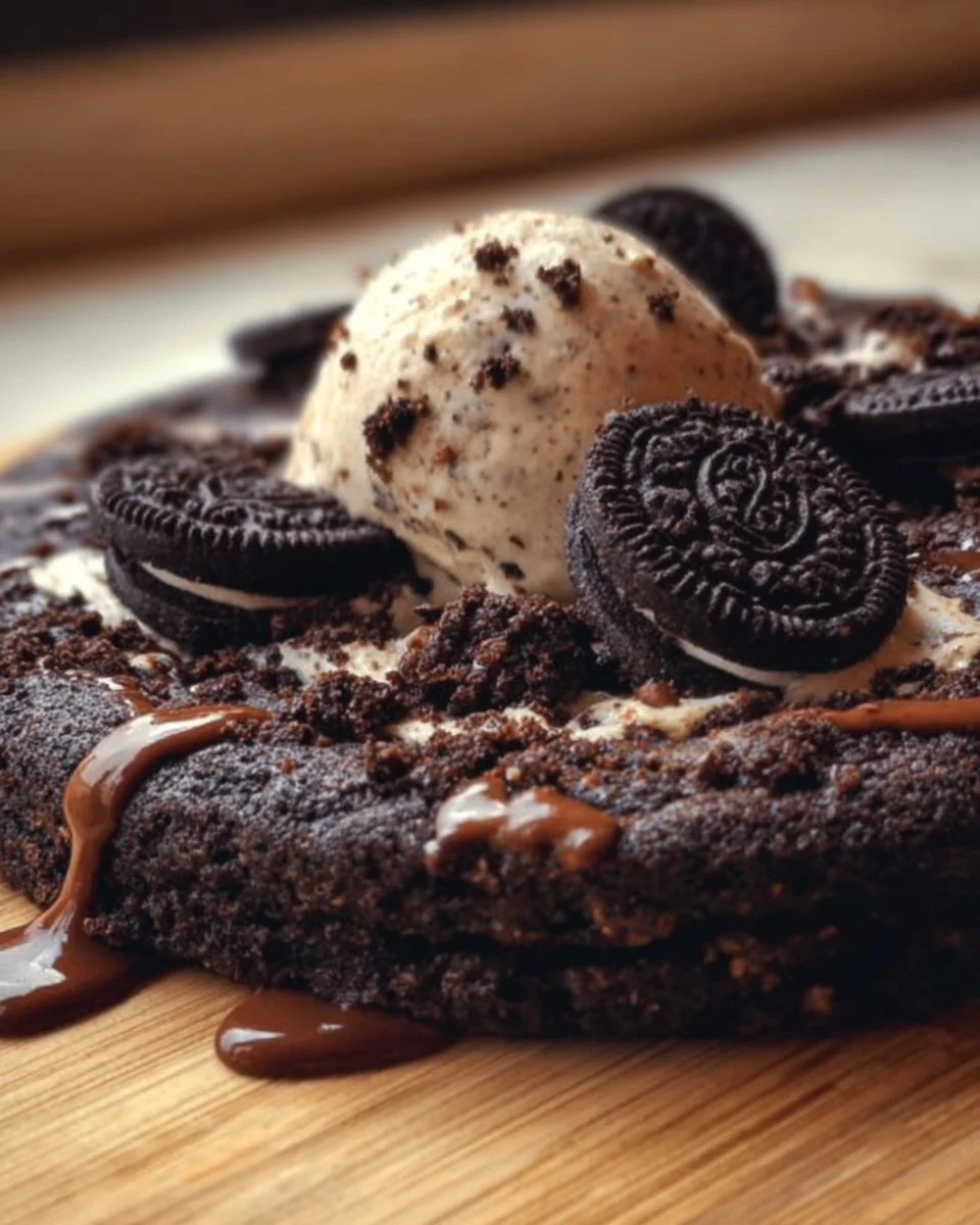 Delicious Oreo Pizzookie with melting ice cream and crushed Oreos on top