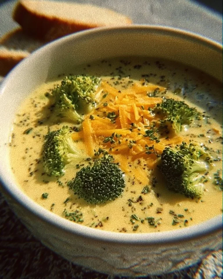 Creamy Panera Broccoli Cheddar Soup served in a bowl with bread