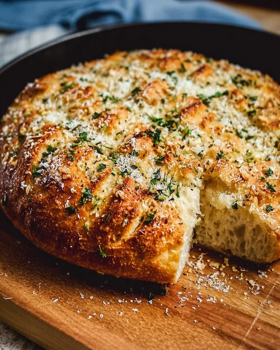 Freshly baked Parmesan Garlic Artisan Bread with herbs and cheese