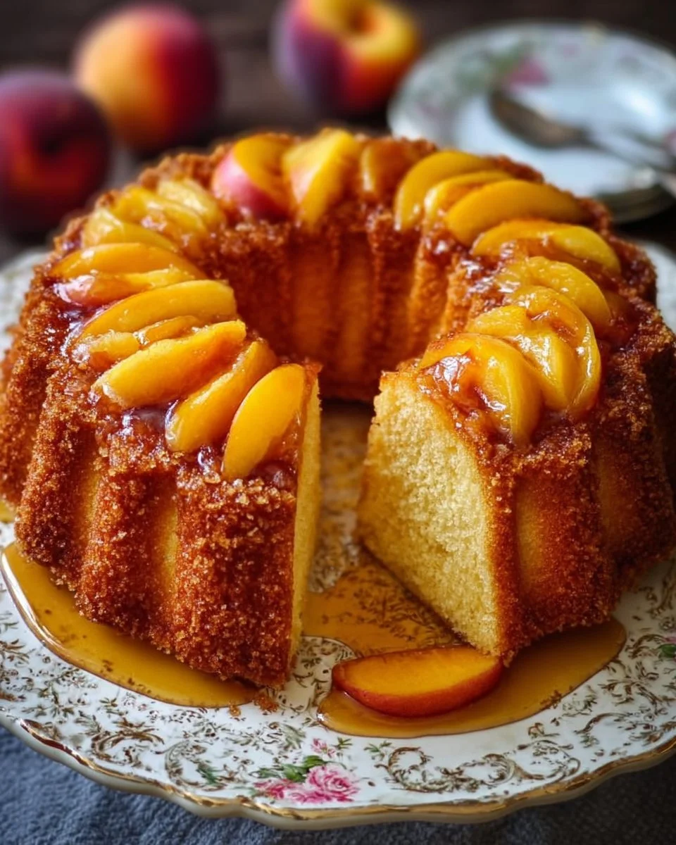 Delicious slice of Peach Cobbler Pound Cake topped with fresh peaches and crumble.