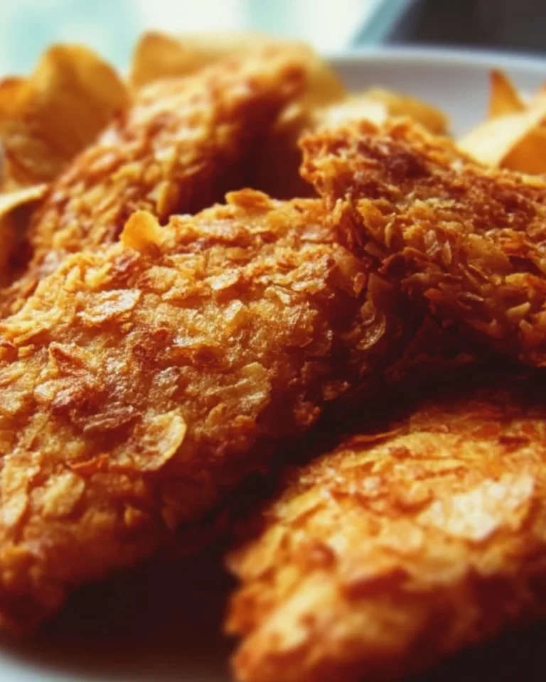 Crispy Potato Chip Chicken served on a plate with dipping sauce