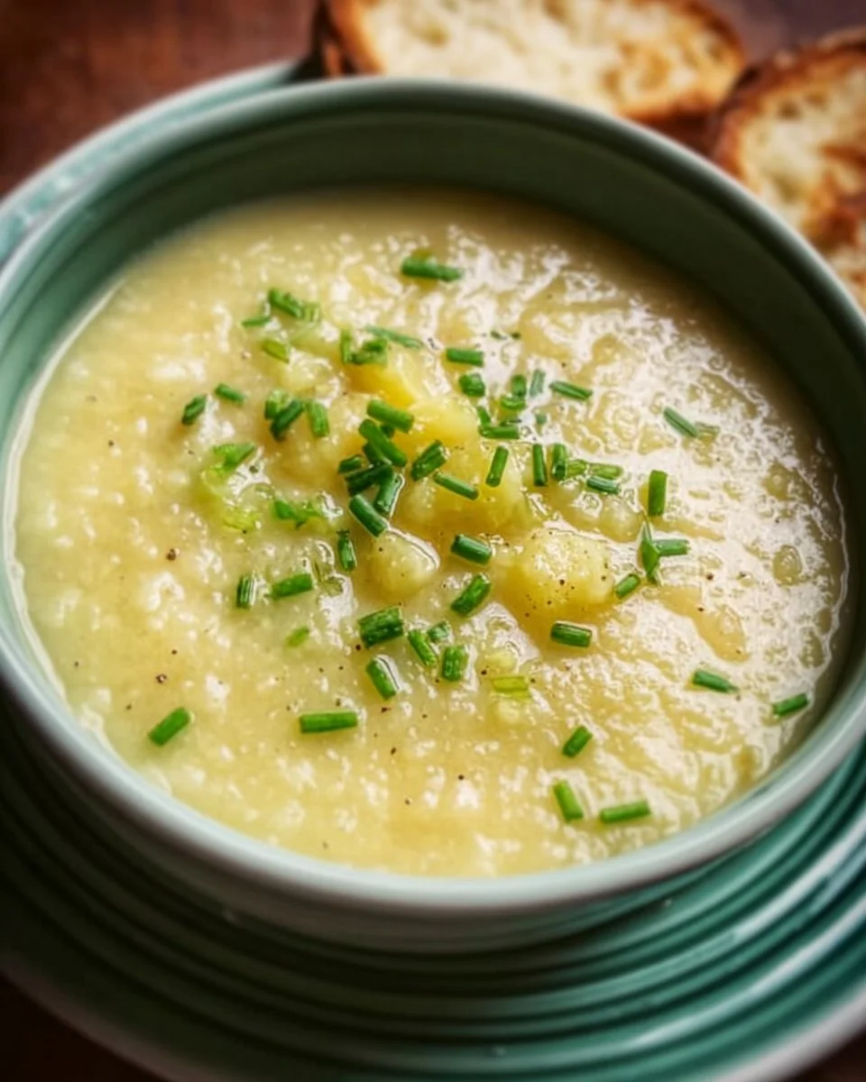 Bowl of homemade Potato Leek Soup garnished with fresh herbs