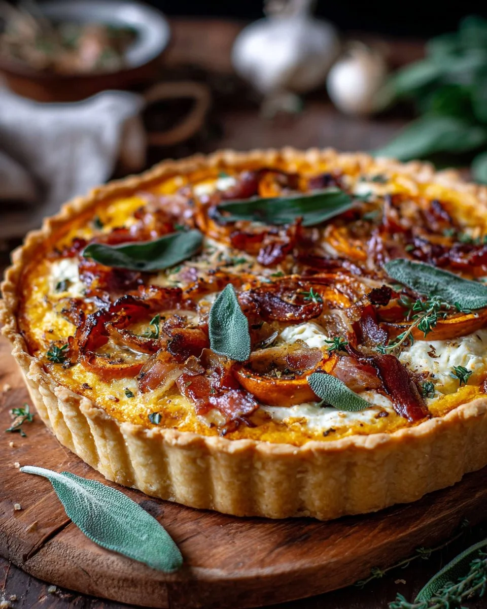 Pumpkin, ricotta, and caramelized onion tart served on a rustic wooden table