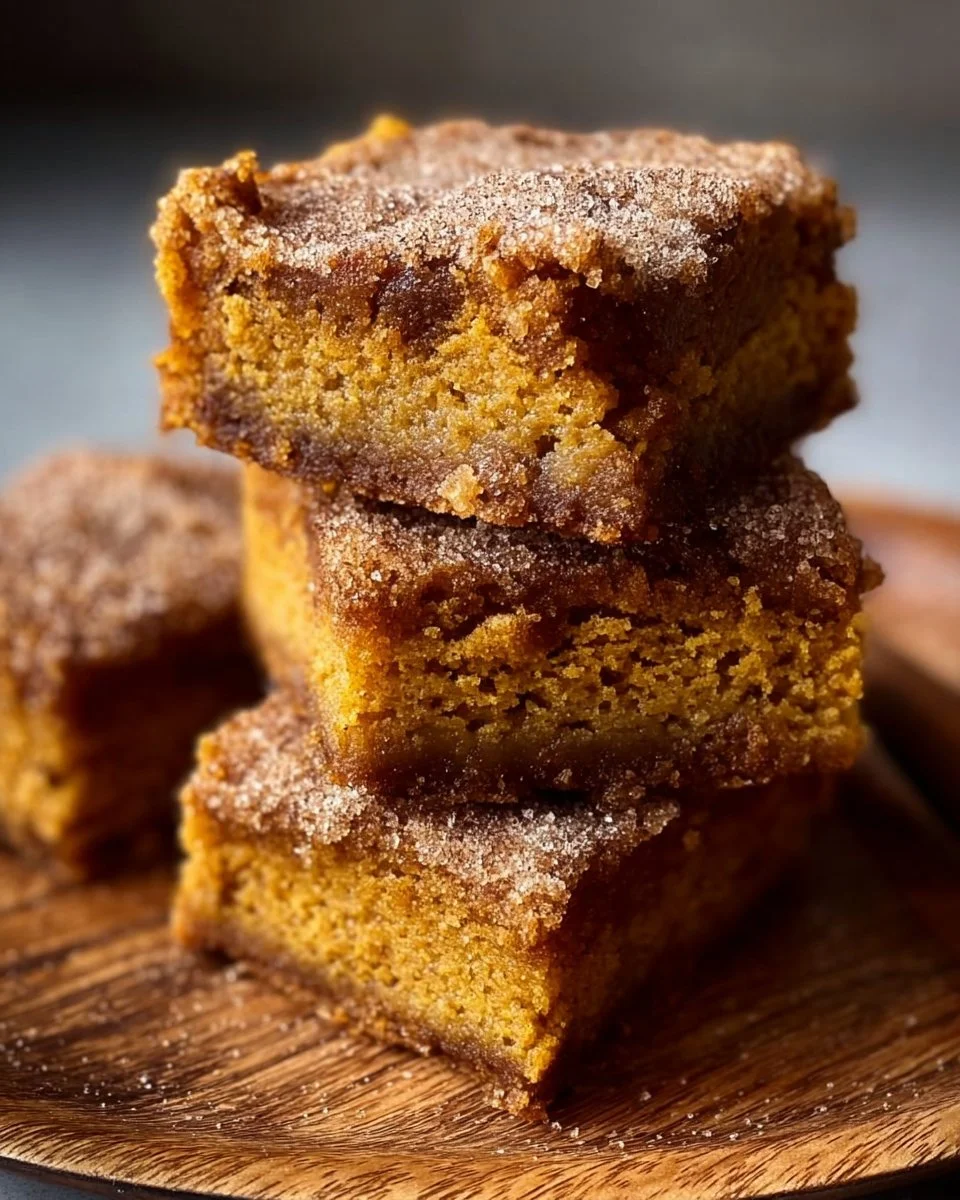 Delicious Pumpkin Snickerdoodle Blondies topped with cinnamon sugar