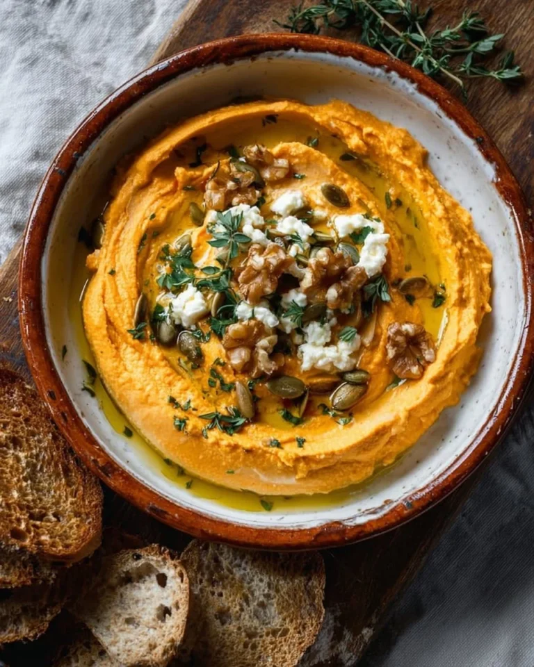 Delicious pumpkin whipped feta dip served in a bowl with fresh herbs.