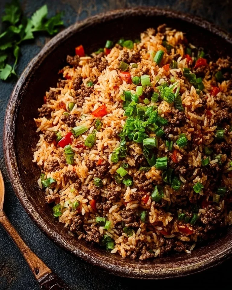 Plate of quick and tasty dirty rice with ground beef garnished with green onions