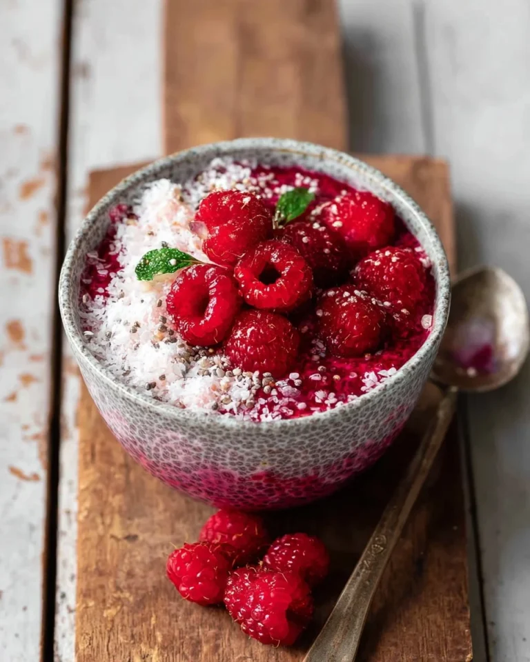 Bowl of creamy raspberry chia pudding topped with fresh raspberries.