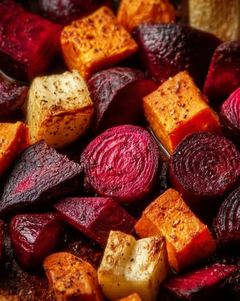 Colorful roasted beets and sweet potatoes served in a bowl
