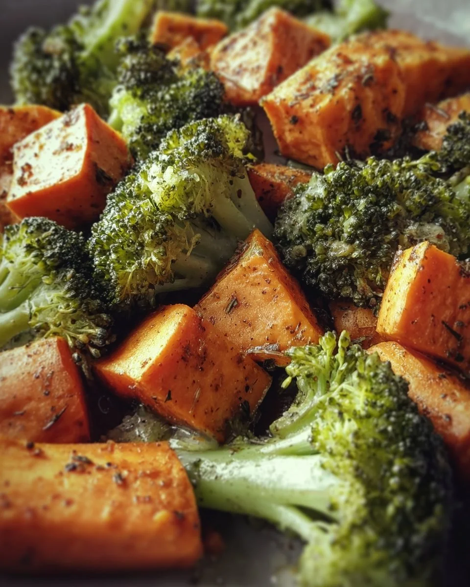 Plate of roasted broccoli and sweet potatoes served as a healthy side dish
