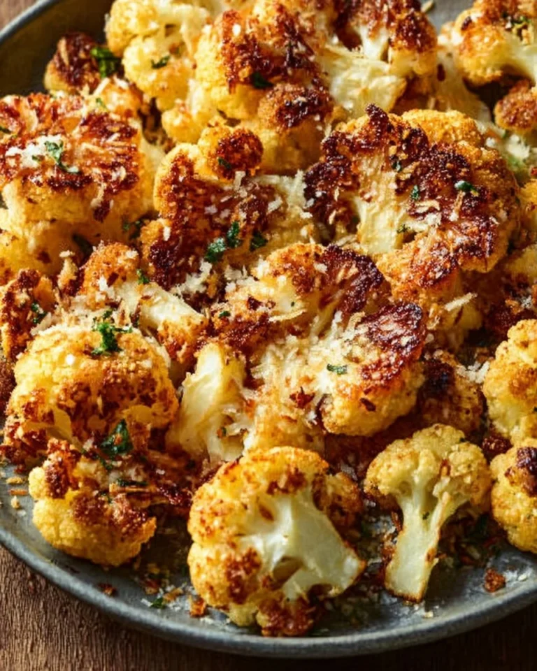 Delicious roasted cauliflower topped with crispy Parmesan cheese