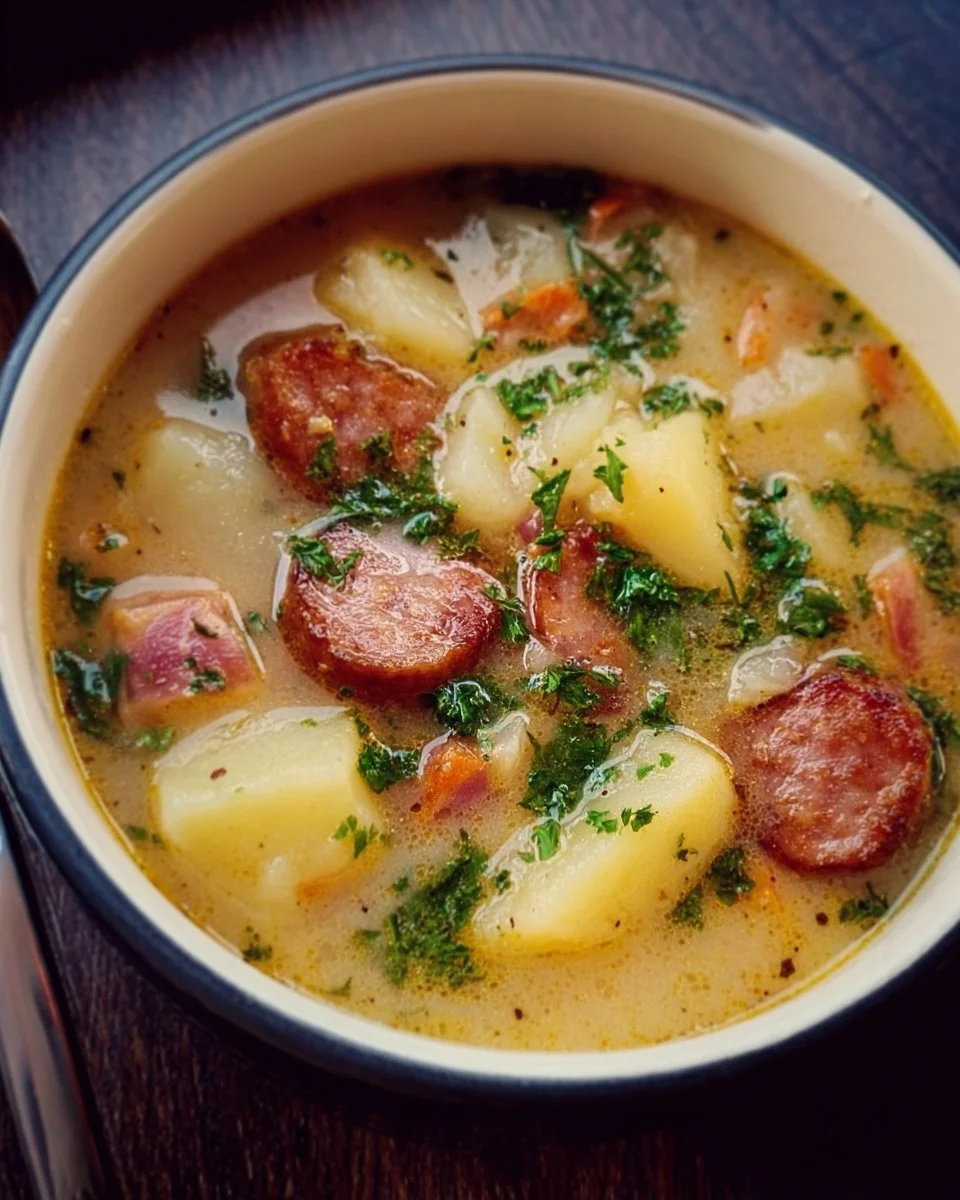 A bowl of delicious Sausage Potato Soup topped with fresh herbs