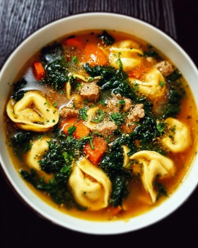Bowl of Sausage Tortellini Soup with Spinach garnished with herbs