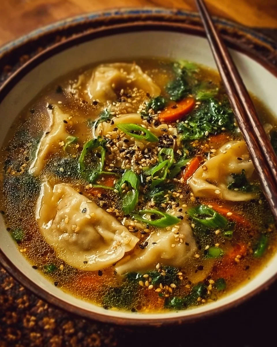 Bowl of savory Asian potsticker soup with dumplings and fresh herbs