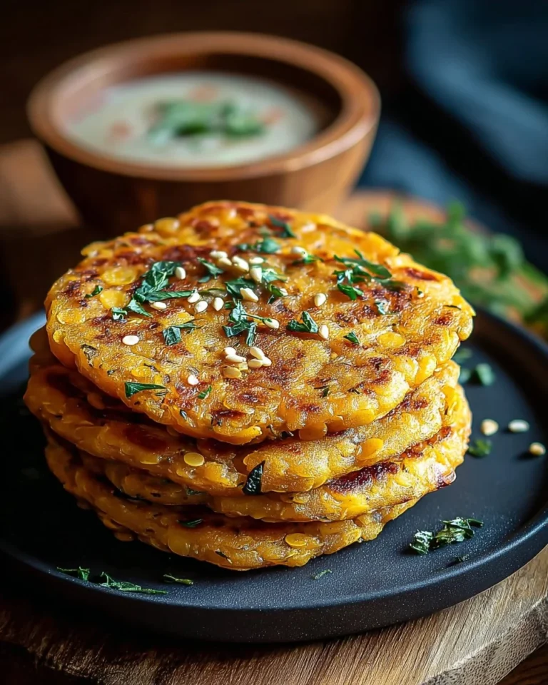 Savory red lentil pancakes served with green garnish on a white plate