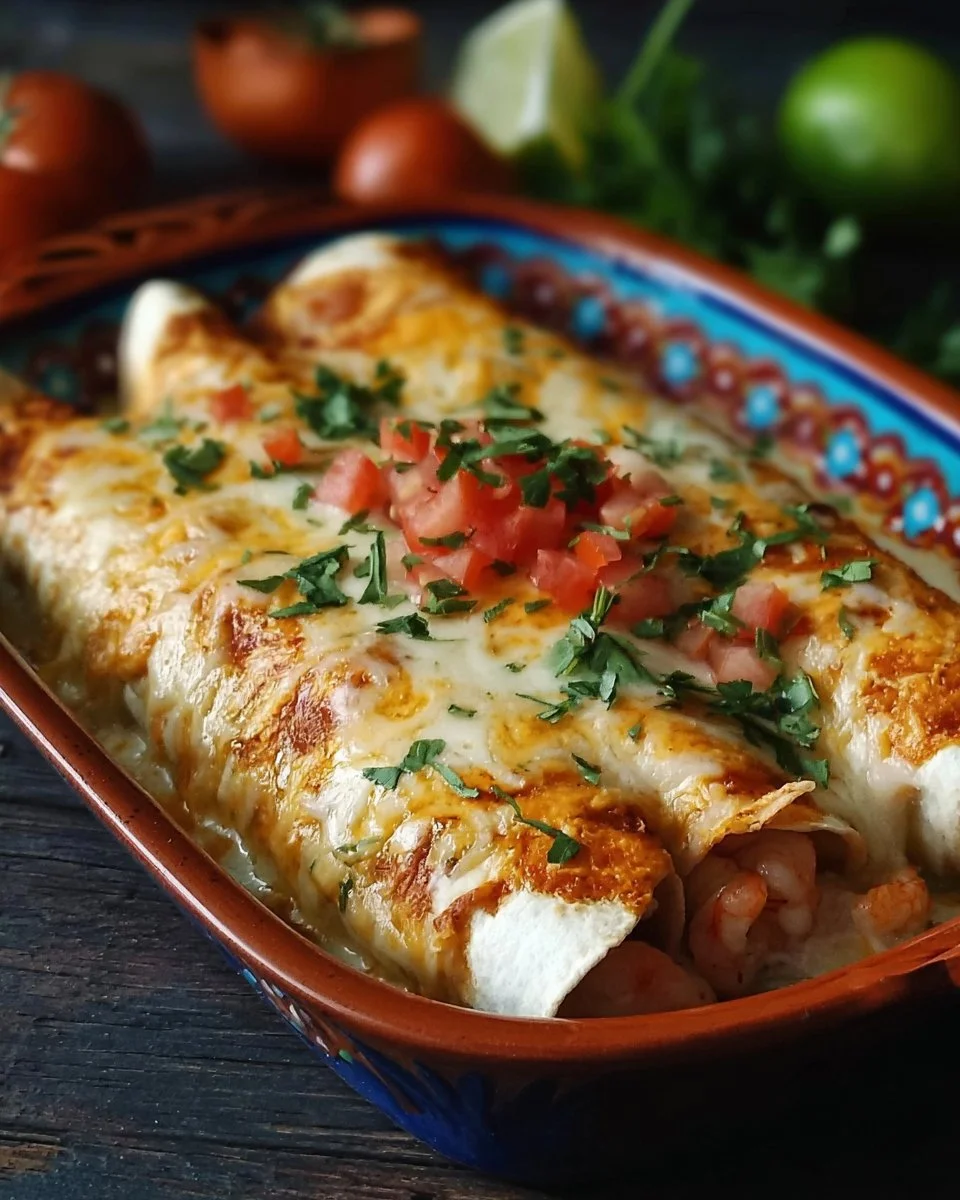 Delicious seafood enchiladas topped with zesty sauce and garnished with fresh herbs.