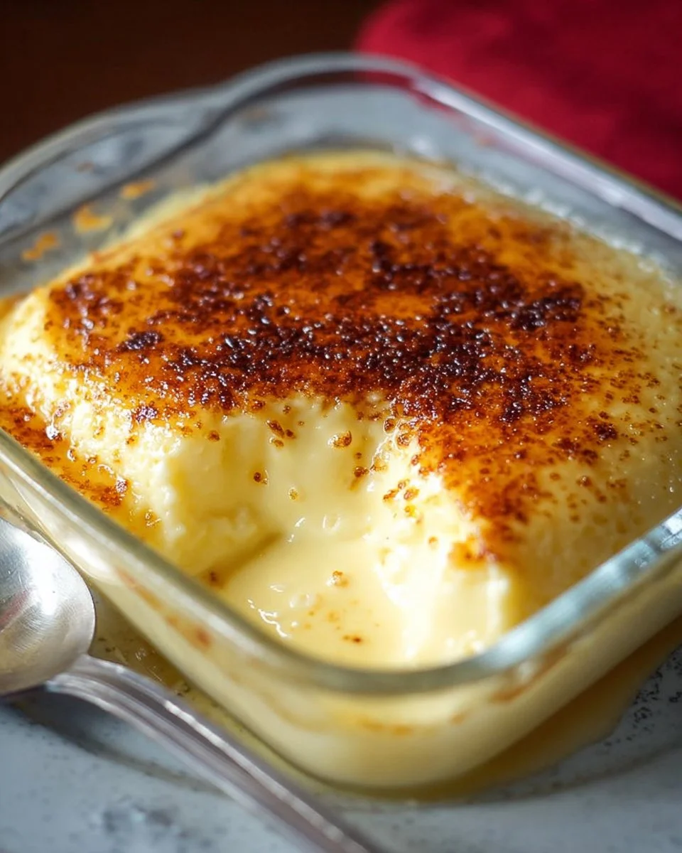 Amish baked custard served in a dish, showcasing its creamy texture and golden top.