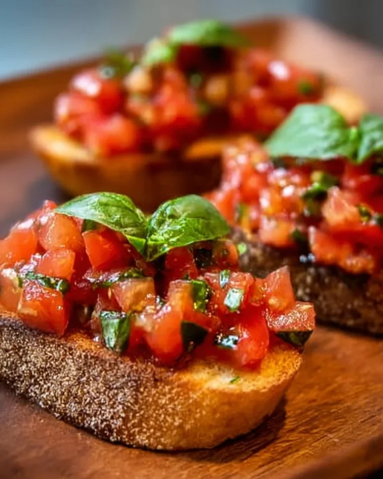 Delicious simple bruschetta with fresh tomatoes and basil on toasted bread