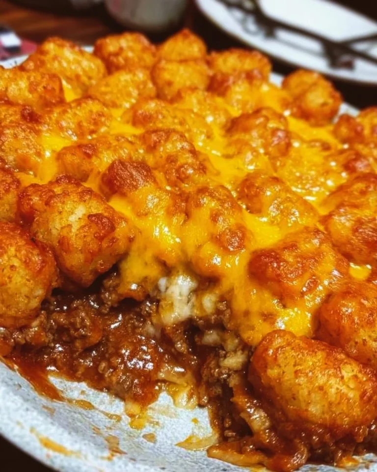 Sloppy Joe Tater Tot Casserole topped with crispy tater tots and melted cheese