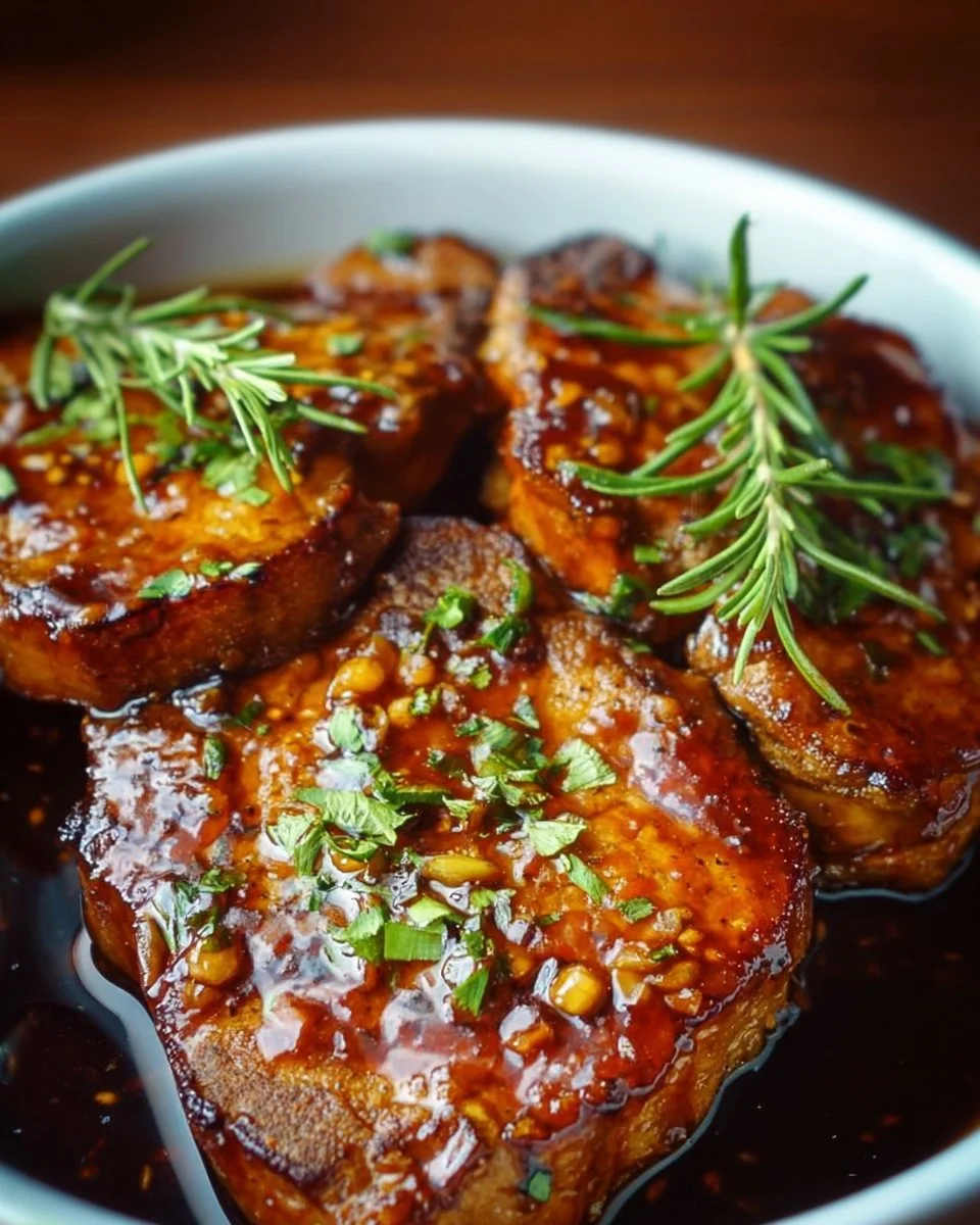 Slow cooker honey garlic pork chops served with vegetables.