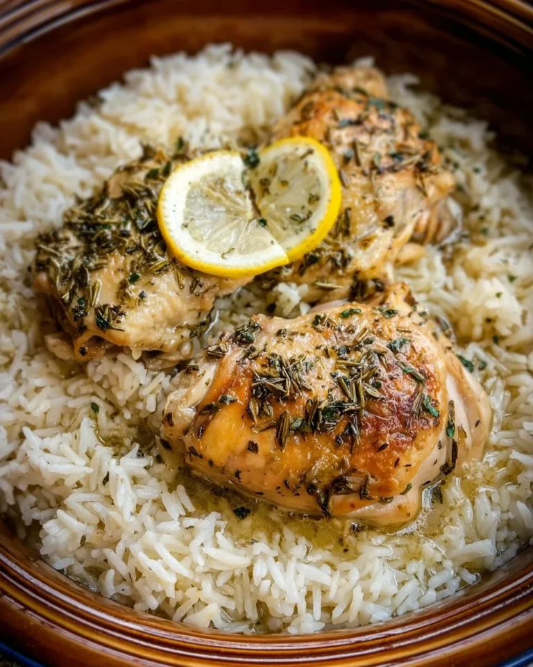Slow Cooker Lemon Herb Chicken served with fluffy rice