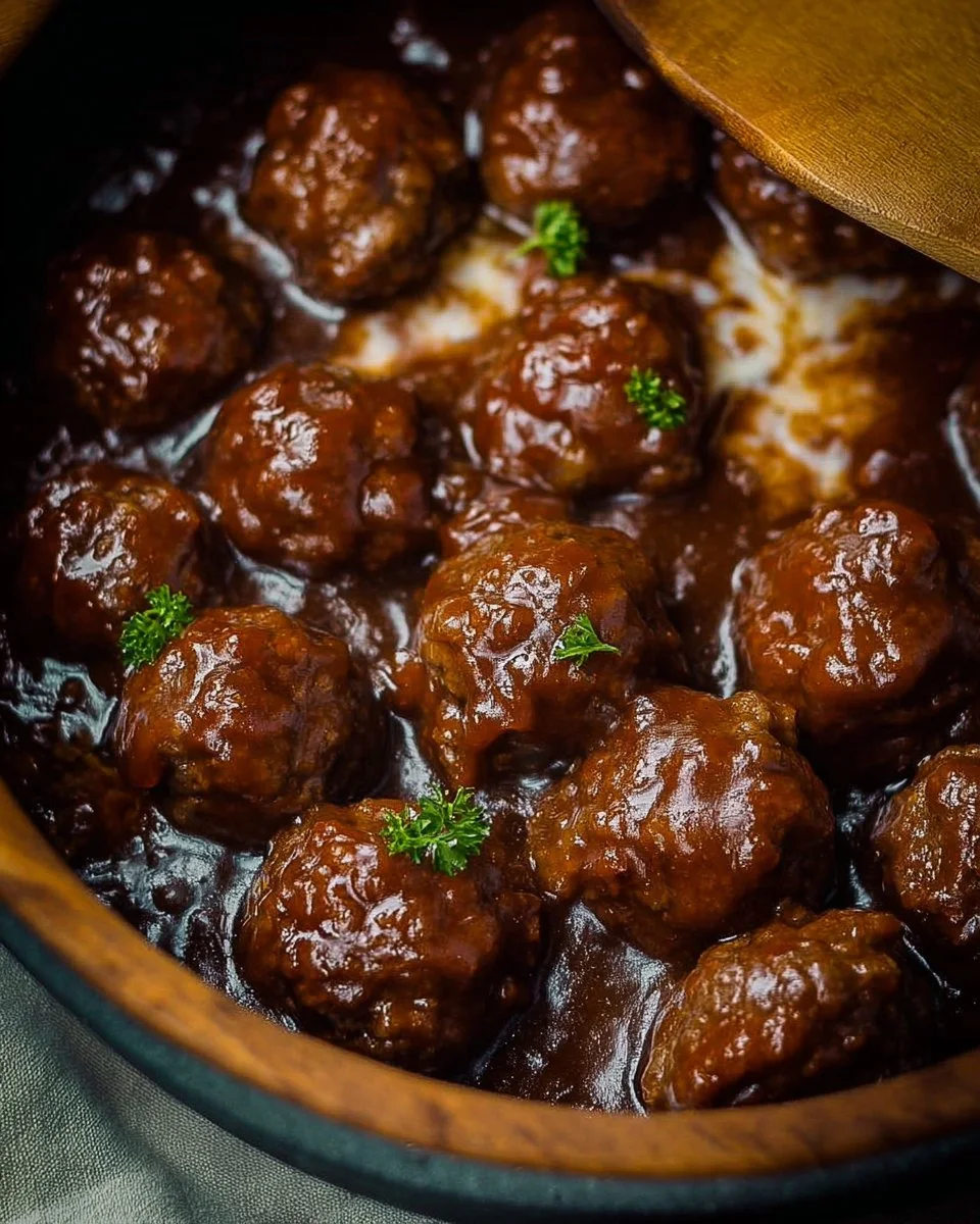 Slow Cooker Salisbury Steak Meatballs served with gravy and side dishes.