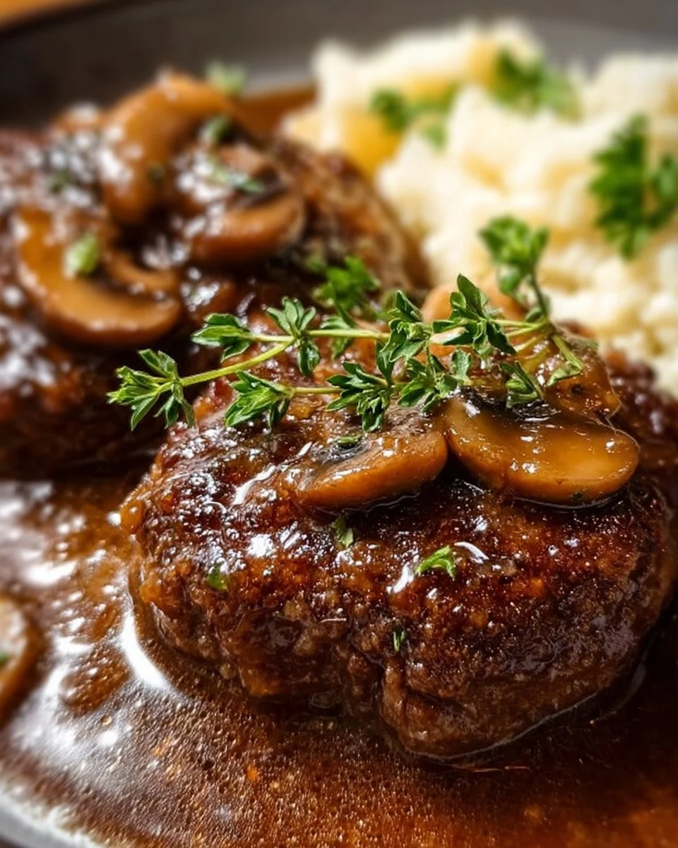 Slow Cooker Salisbury Steaks served on a plate with gravy and vegetables