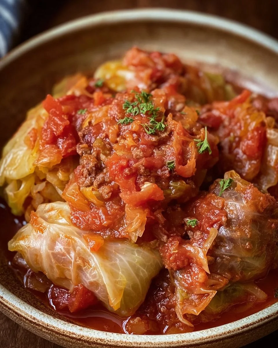 Bowl of slow cooker unstuffed cabbage rolls with rice and tomato sauce