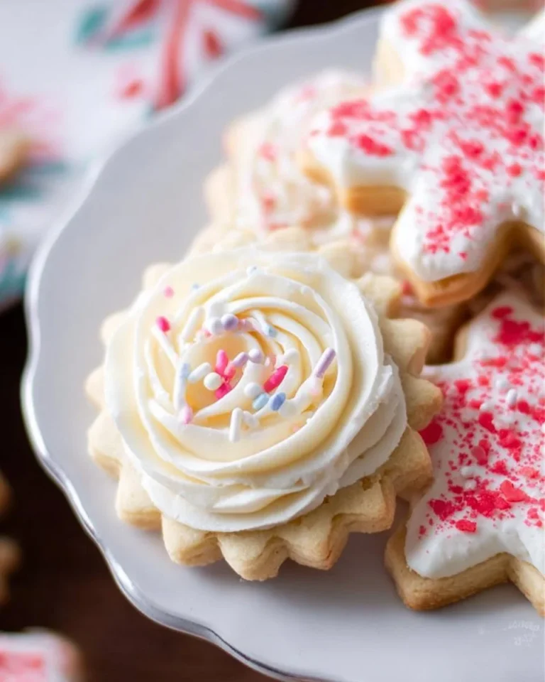 Freshly baked soft sugar cookies with creamy buttercream frosting