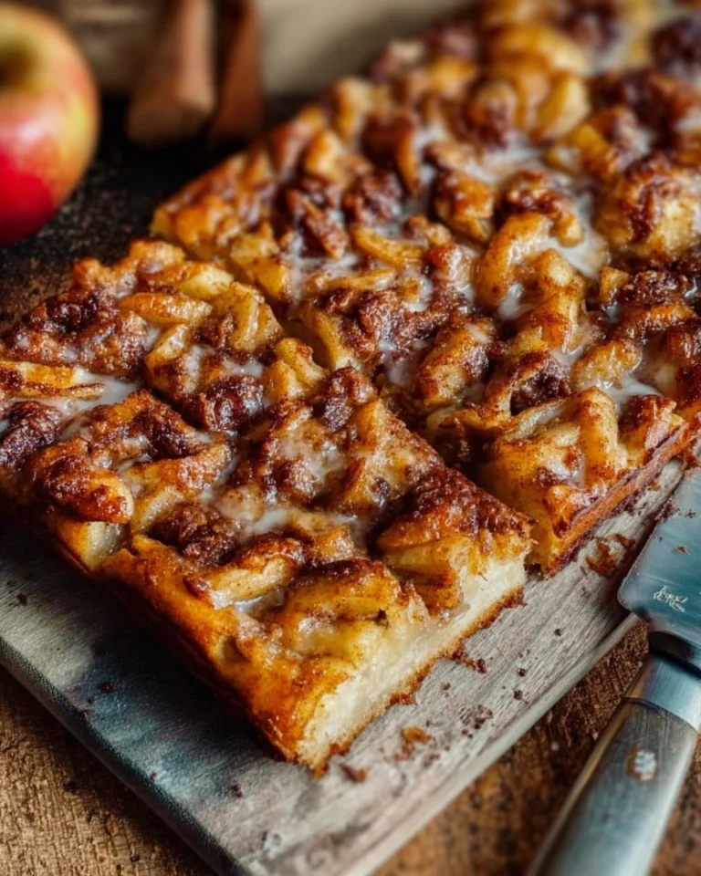 Freshly baked sourdough apple fritter focaccia with apple chunks and glaze