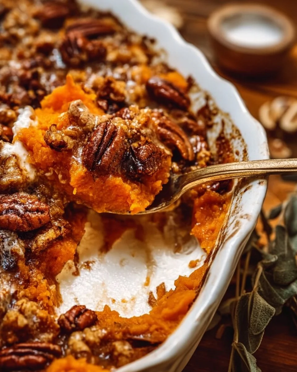 Delicious Southern Maple Sweet Potato Casserole topped with marshmallows and pecans