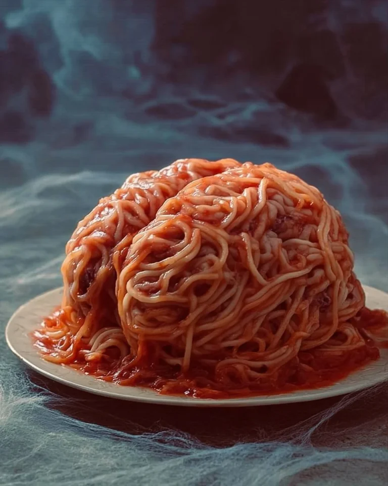 Delicious Spaghetti Brain Bake presented for Halloween dinner