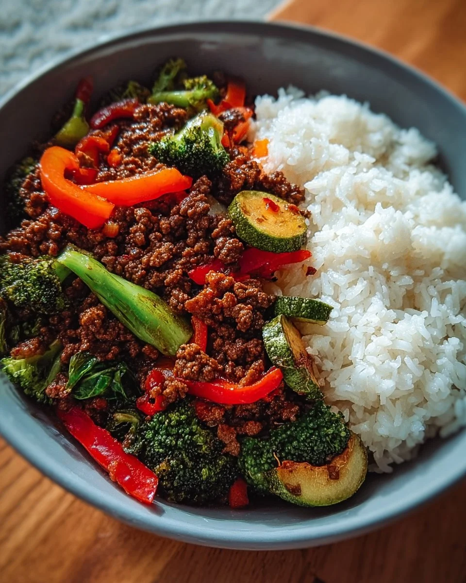 Spicy ground beef stir-fry bowl with garlic vegetables and rice.