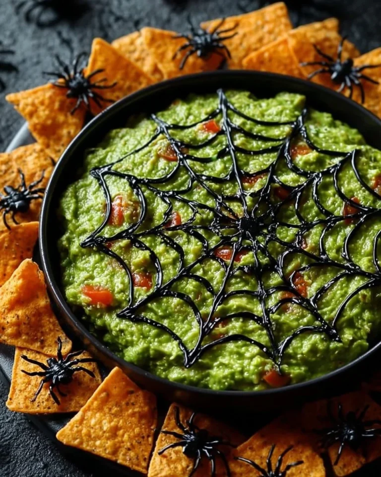 Spider Web Guacamole served in a bowl with spooky decorations for Halloween