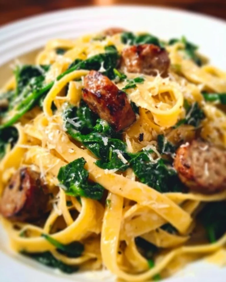 Creamy spinach sausage Alfredo pasta served in a bowl with herbs on top