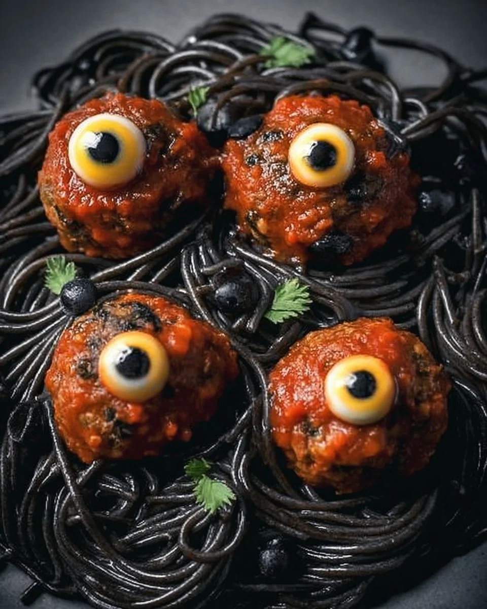 Spooky Diablo eyeballs made of taco meatballs and black bean pasta