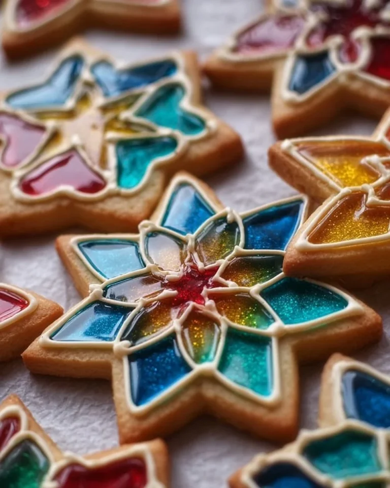 Decorative stained glass cookies showcasing vibrant colors and intricate designs.