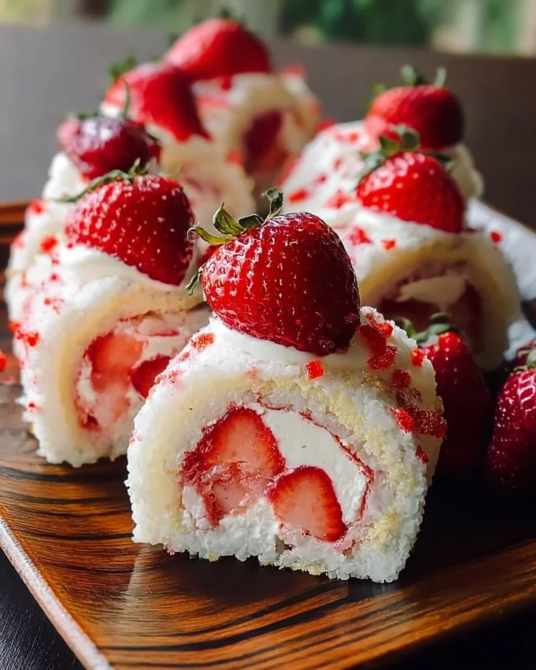 Strawberry shortcake sushi rolls with fresh strawberries and whipped cream