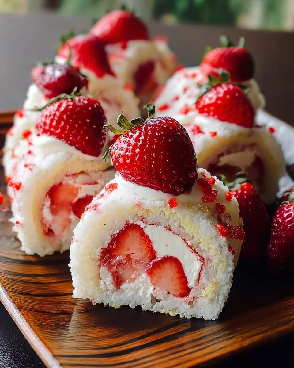 Strawberry shortcake sushi rolls with fresh strawberries and whipped cream