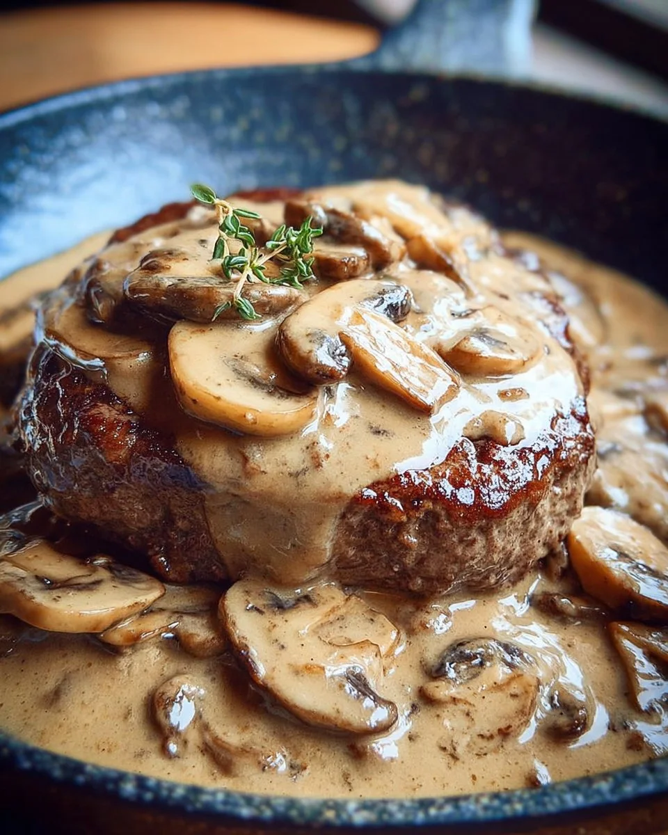 Succulent Keto Burger Steaks with Mushroom Gravy on a plate