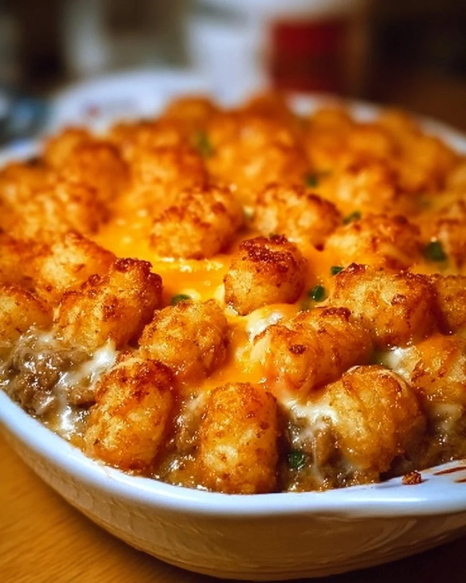 Creamy Tater Tot Casserole topped with golden tater tots and melted cheese